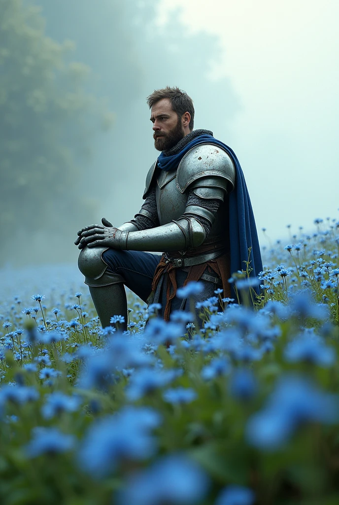 A knight among the forget-me-not flowers field. He is bending one of his knees. He is tired because of the battle but he is the winner and he feels pecafully