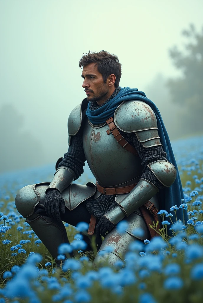 A knight among the forget-me-not flowers field. He is bending one of his knees. He is tired because of the battle but he is the winner and he feels pecafully
