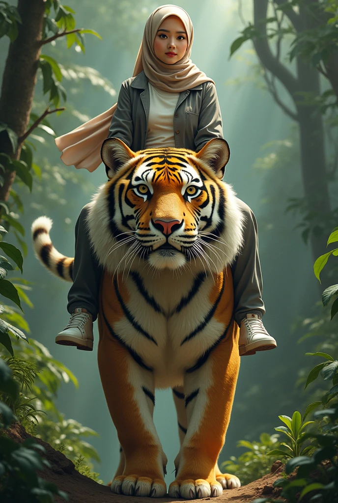 1 beautiful Korean muslim adult hijab woman,berjilbab,beautyface,senyum.wear a t-shirt,jaket fashion hijab.dan celana panjang.white shoes. riding a giant tiger in the jungle, very big tiger, tampak depan, facial details.
