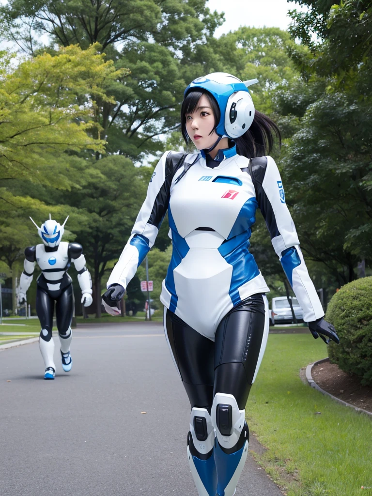 Japanese female android,Black Hair,White and blue robot suit,Plump,Running along the park path,