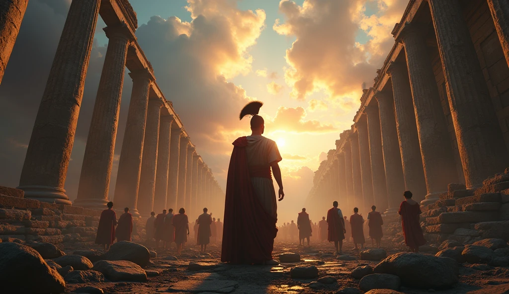 a roman soldier in chaos, people looking up at the sky, ancient rome in ruins, dramatic lighting, cinematic, hyper detailed, 8k, photorealistic, intricate detail, dramatic clouds, moody atmosphere, volumetric lighting, chiaroscuro, dramatic color palette, ominous, imposing architecture, shattered columns, war-torn, epic scale, masterpiece