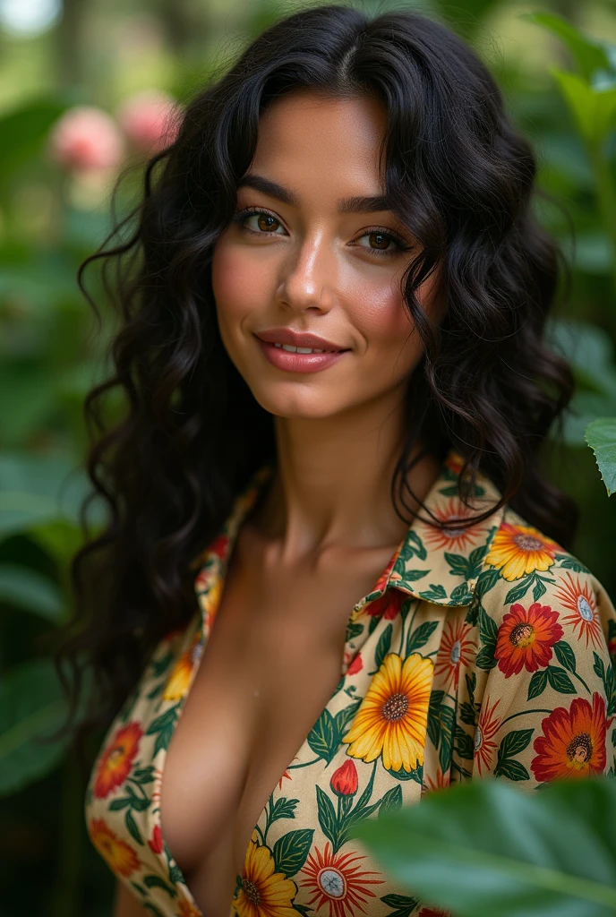 A Brazilian woman in a lush tropical garden, wearing an open shirt with a floral print, with a close-up capturing the harmonious beauty between her breasts and the natural flowers, showing off your natural charm and outgoing personality.