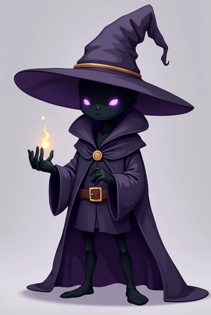 Black mage, No Mouth, Completely pitch black skin, Purple small blank eyes, Purple and Black Attire, Male, Black Mage, Cartoony, Wizard Hat, No Nose, 