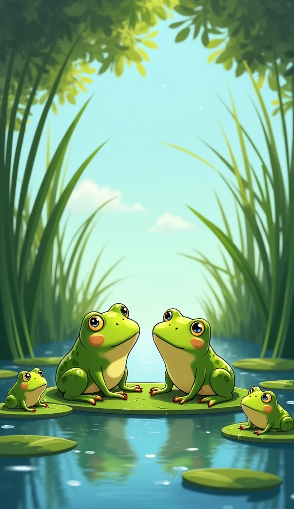 Setting: A shady spot near a pond surrounded by tall reeds. The water is calm, reflecting the blue sky above.
Character Description: The little frog’s friends are similar to him in age and size, all young and small, with smooth, green skin. They sit together on lily pads, relaxing in the shade.
Show as cartoons