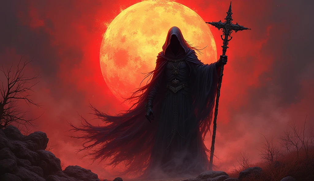 Reaper in,scyscraper,cross of dark lord, king of angmar, touch of death, Taoist robes,cultivating immortals,water ink,from the abys,self-assured,Fairy wind road bone,Blood flows in the background, big sun