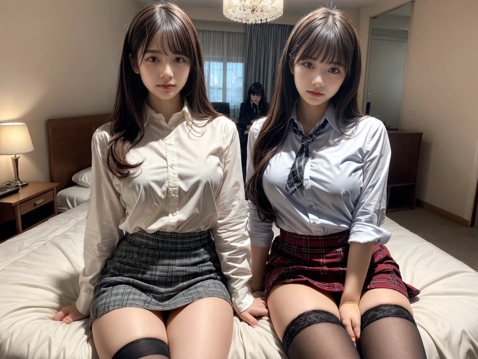 masterpiece, best quality, illustration, Super detailed, fine details, High resolution, 8K,wall paper, perfect dynamic composition,(Details High quality, realistic depiction of eyes:1.3), (2 girls), (white school shirt :1.2), (plaid skirt :1.3), tie black, black thigh-high stockings, sitting, open legs, short bob hair, in a hotel room in the background, deep on field, large breasts, black hair color, Big Natural Color Lip, (perfect body shape), crying a little、Harajuku style、20 year old girl、cute type、beautiful legs, Gravure Idol