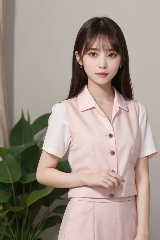 masterpiece、Highest quality、８Ｋ、Japanese adult beauty、Beautiful women in their 20s、Black lob hair、Light pink vest、Light pink tight skirt(Summer use)、White short sleeve blouse、A tight waist that can be seen even through clothes、Attractive body、