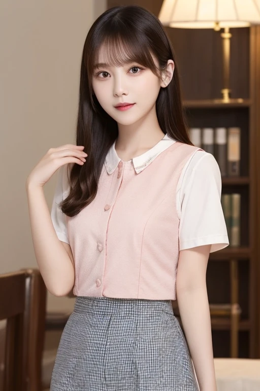 masterpiece、Highest quality、8K、Japanese adult beauty、Beautiful women in their 20s、Black lob hair、Light pink vest、Light pink tight skirt(Summer use)、White short sleeve blouse、A tight waist that can be seen even through clothes、Attractive body、