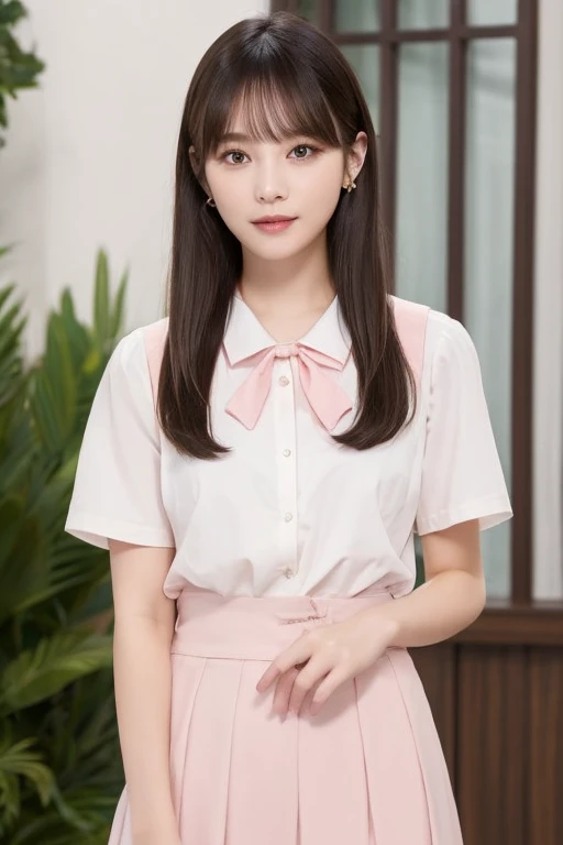 masterpiece、Highest quality、8K、Japanese adult beauty、Beautiful women in their 20s、Black lob hair、Light pink vest、Light pink tight skirt(Summer use)、White short sleeve blouse、A tight waist that can be seen even through clothes、Attractive body、