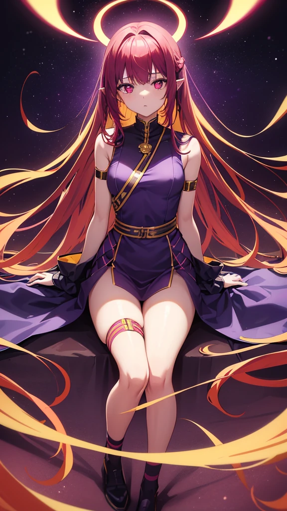 Full body view of a girl in a heroine outfit eyes are looking at the viewer girl sitting in a heroine uniform body-hugging outfit black details with purple outfit symbolizing telekinesis yellow details golden gold hair flying purple telekinesis effect small wings heroine with long voluminous wavy purple and red hair red eyes