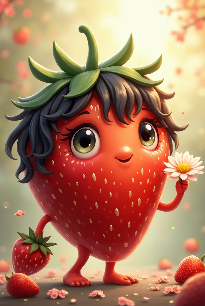 black haired strawberry that has eyes, smile and handled flower