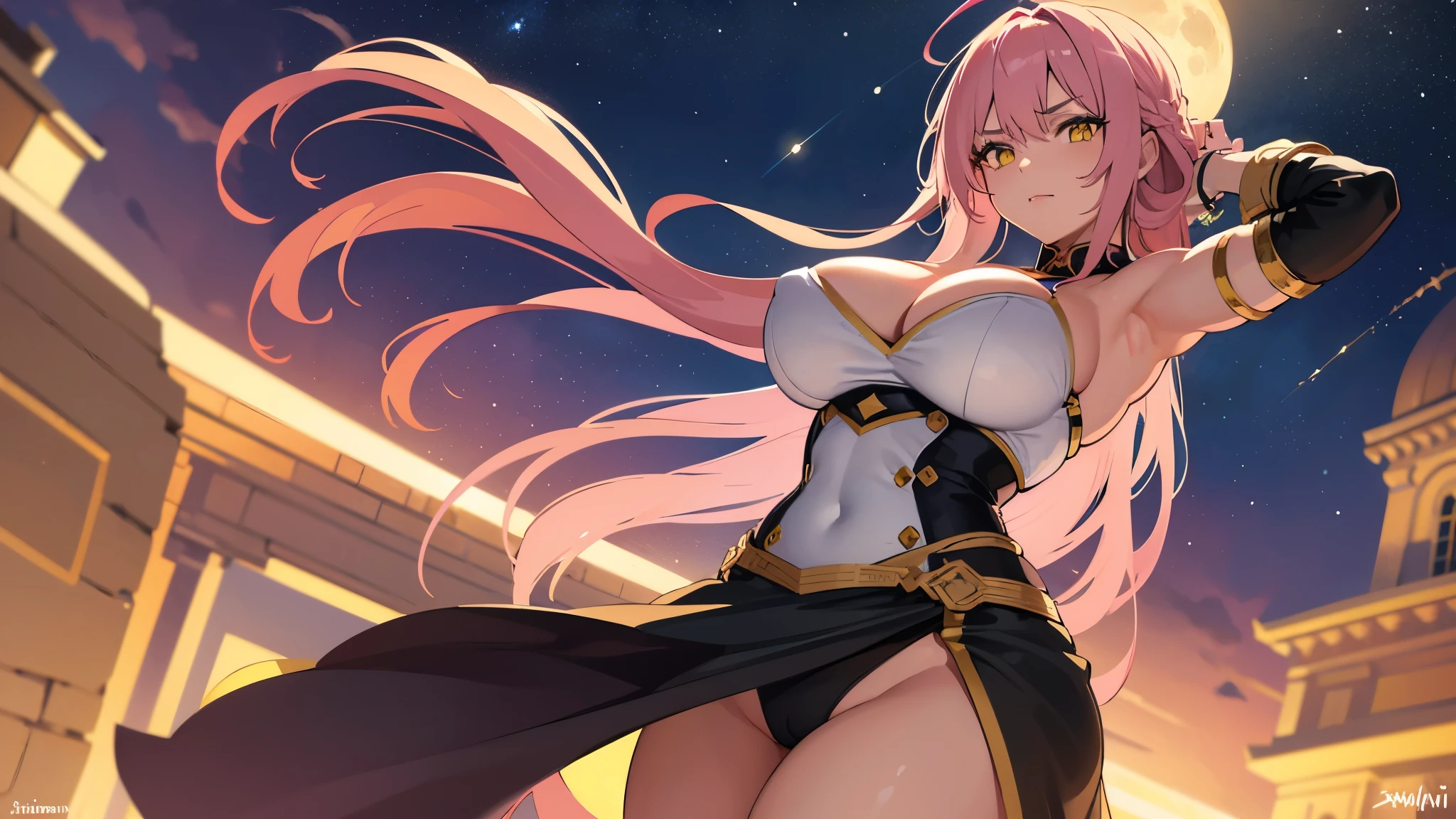 1girl, solo, ig model, taimanin, ingrid, action pose, arms up, arms behind head, pink hair, long hair, yellow eyes, beautiful eyes, lewd face, sexy, cleavage, armpits, large breasts, wide hips, thick thighs, muscles, realistic, ray traced, desert, sand, night, stars, moon, clouds