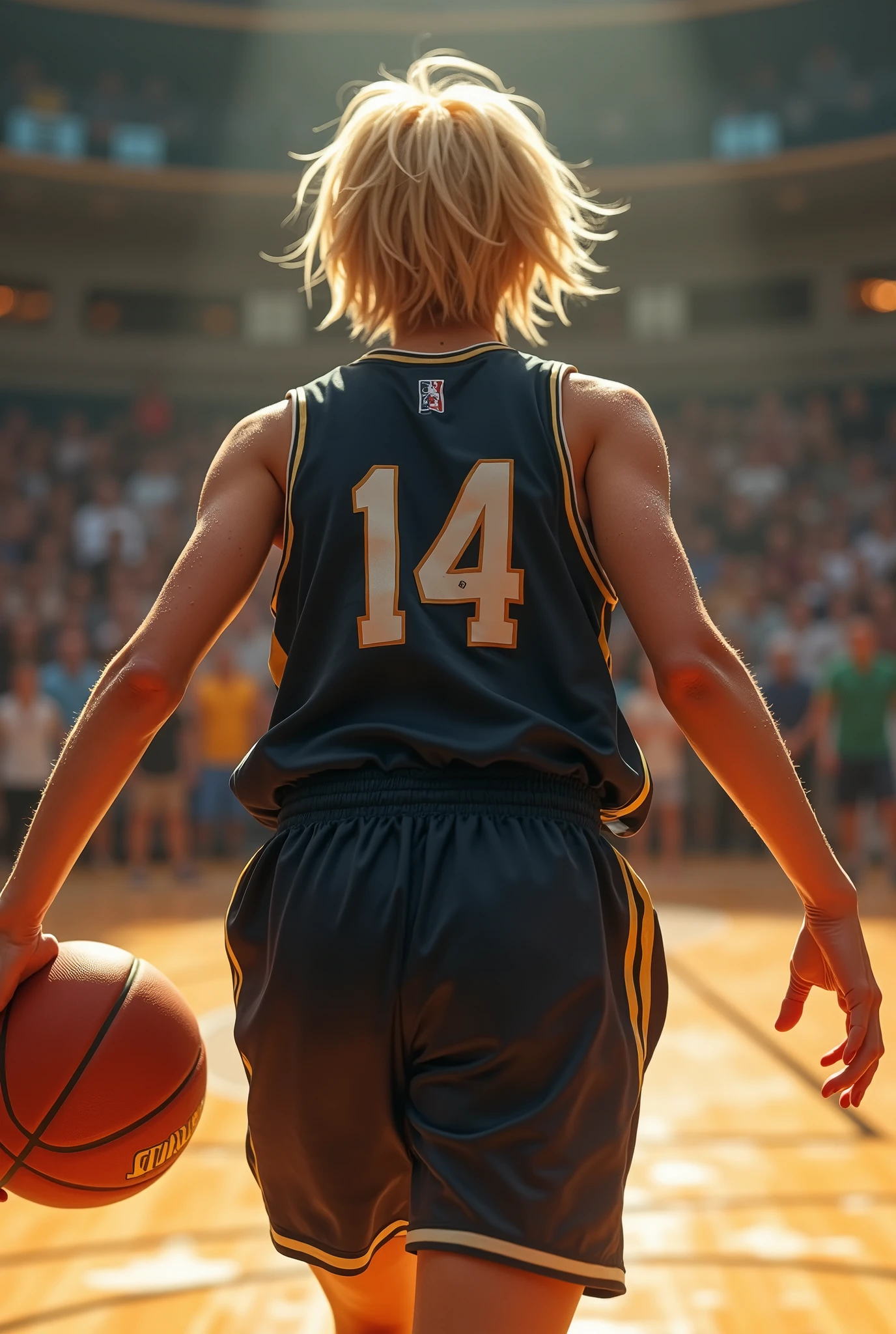 basketball、gym、Number 14、Name AN、Uniform black、A lively  girl、Short Hair、Only the nape of the neck is blonde、Sweat、energy、cool、Real、4Ｋ、Dashing、Back view