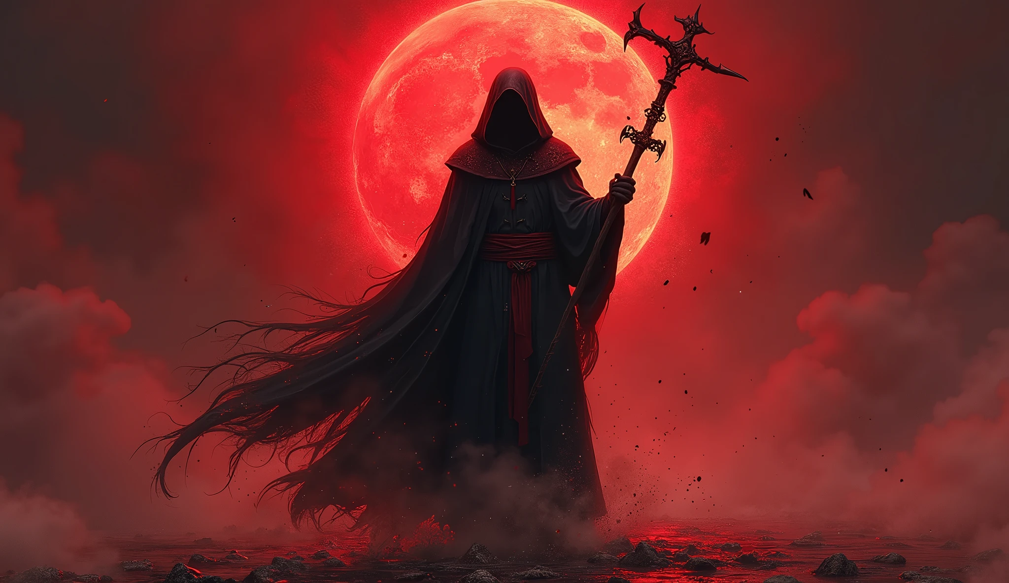 Reaper in,scyscraper,cross of dark lord, king of angmar, touch of death, Taoist robes,cultivating immortals,water ink,from the abys,self-assured,Fairy wind road bone,Blood flows in the background, big red moon