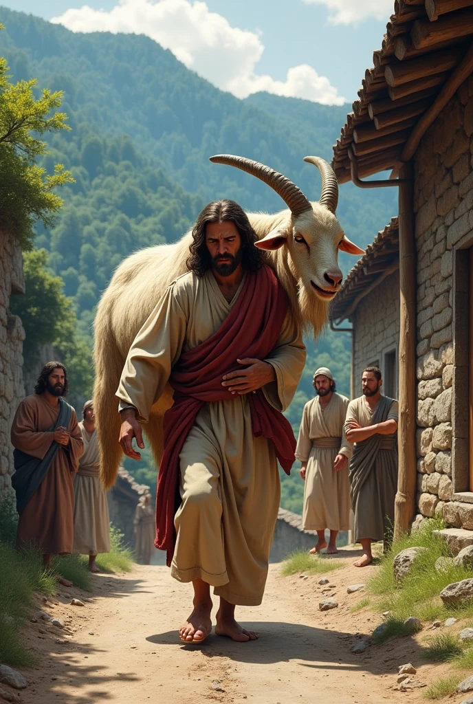 Real Jesus Christ struggling to carry a huge Giant Goat on his shoulder while climbing a dirt road in a mountainous village. The scene shows villagers watching him with curiosity and concern as he appears to be crying. The setting is a rustic village with traditional houses and green hills in the background."and he is crying. Water fals in his eays
