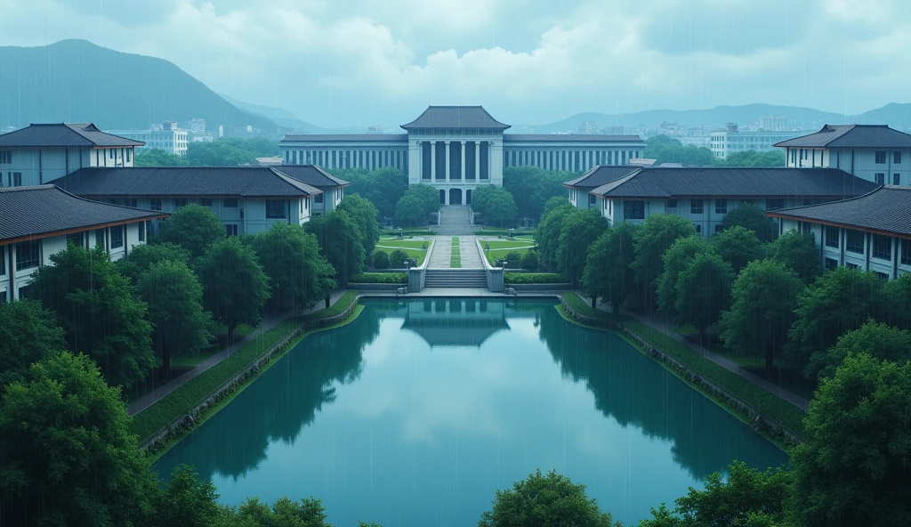 Anime picture of a university in a high angle, with a large pond in front, with a rainy atmosphere.