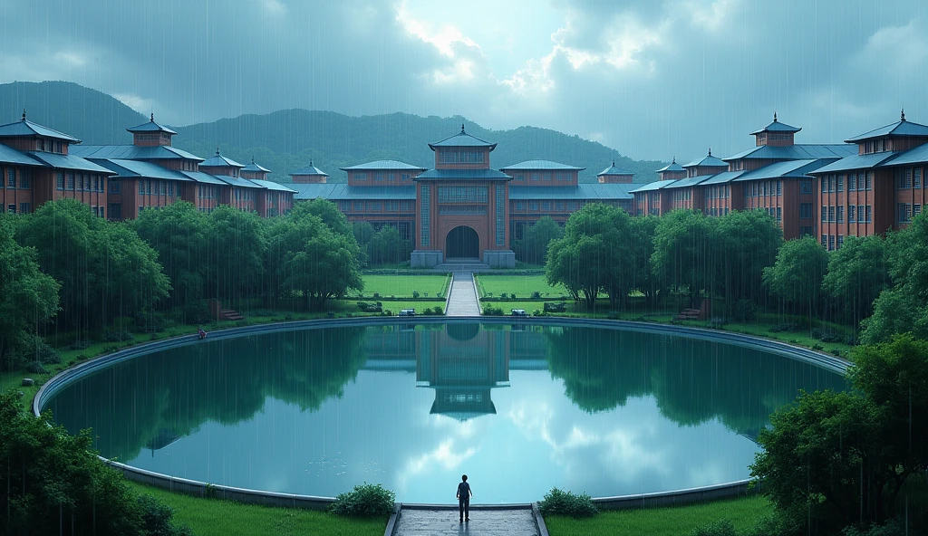 Anime picture of a university in a high angle, with a large pond in front, with a rainy atmosphere.