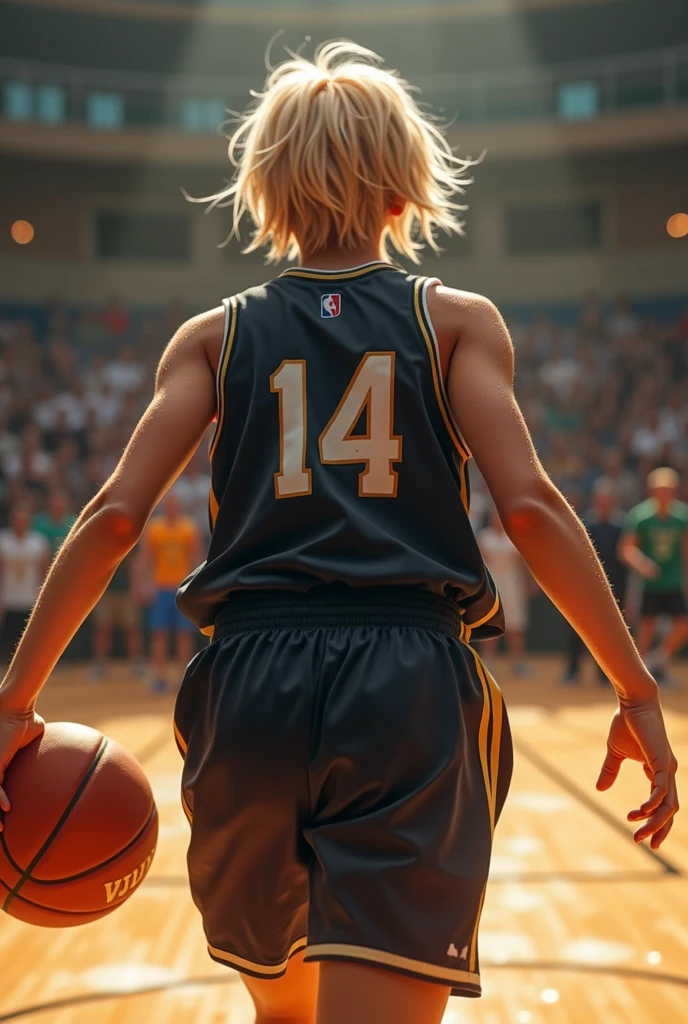 basketball、gym、Number 14、Name AN、Uniform black、A lively  girl、Short Hair、Only the nape of the neck is blonde、Sweat、energy、cool、Real、4Ｋ、Dashing、Back view