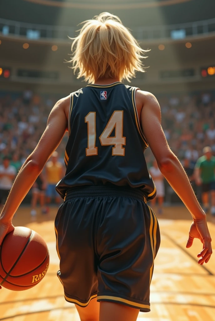 basketball、gym、Number 14、Name AN、Uniform black、A lively girl、Short Hair、Only the nape of the neck is blonde、Sweat、energy、cool、Real、4K、Dashing、Back view