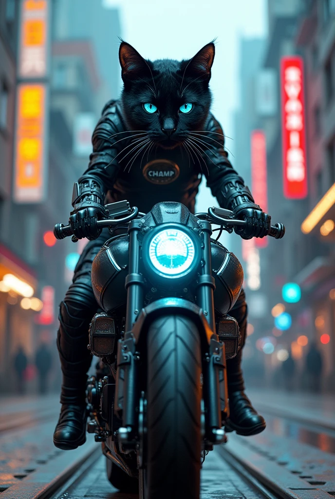 Black cat is cyborg with blue eyes and cyberpunk  riding a sci fi bike 