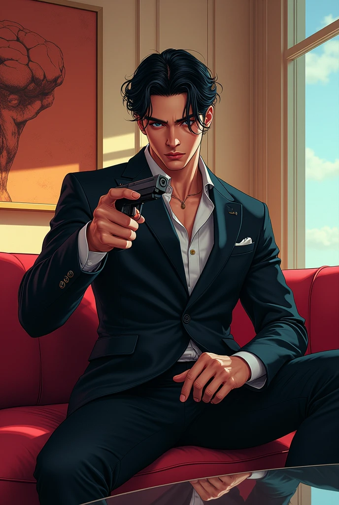 Sexy white korean animated man with a gun in his hand sittting in the chair with pose and wearning black suit in his beautiful house