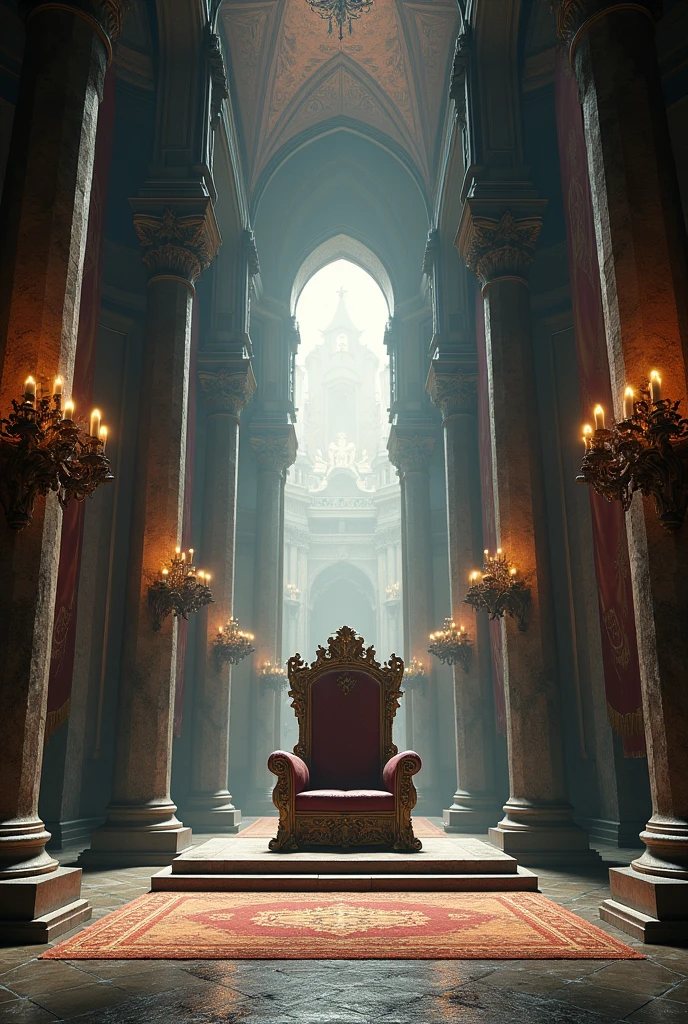 (photorealism:1.2), empty throne, big room, medieval style