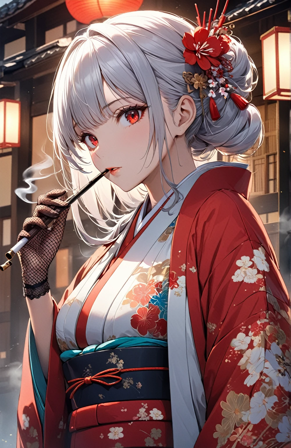 Ultra high resolution, rich colors, perfect image, top quality, detailed image, beautiful woman, glowing skin, skin and clothing texture, delicate eyes, Showa era town, kimono, Japanese clothing, haori, fishnet gloves, smoking pipe, long silver hair, red eyes