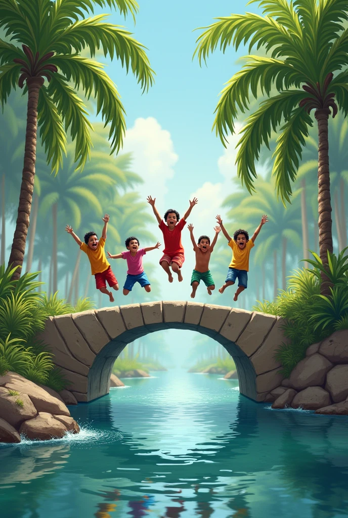 Pakistani children diving from small bridge of canal