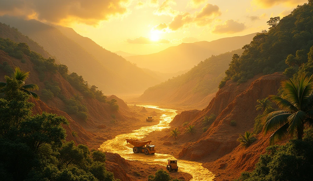 a detailed landscape of a gold mine in africa, lush tropical foliage, mountains in the background, heavy machinery and equipment, workers operating the mine, sunlight streaming through clouds, rich golden tones, cinematic lighting, highly detailed, photorealistic, 8k, (best quality,4k,8k,highres,masterpiece:1.2),ultra-detailed,(realistic,photorealistic,photo-realistic:1.37),dynamic composition,dramatic shadows,vibrant colors,glowing gold ore,industrial elements