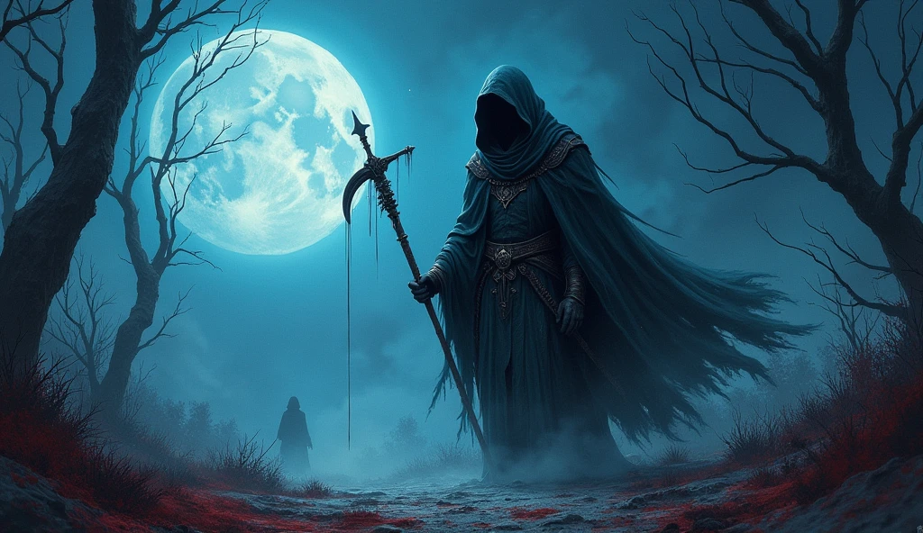Reaper in,scyscraper,cross of dark lord, king of angmar, touch of death, Taoist robes,cultivating immortals,water ink,from the abys,self-assured,Fairy wind road bone,Blood flows in the background, big blue moon