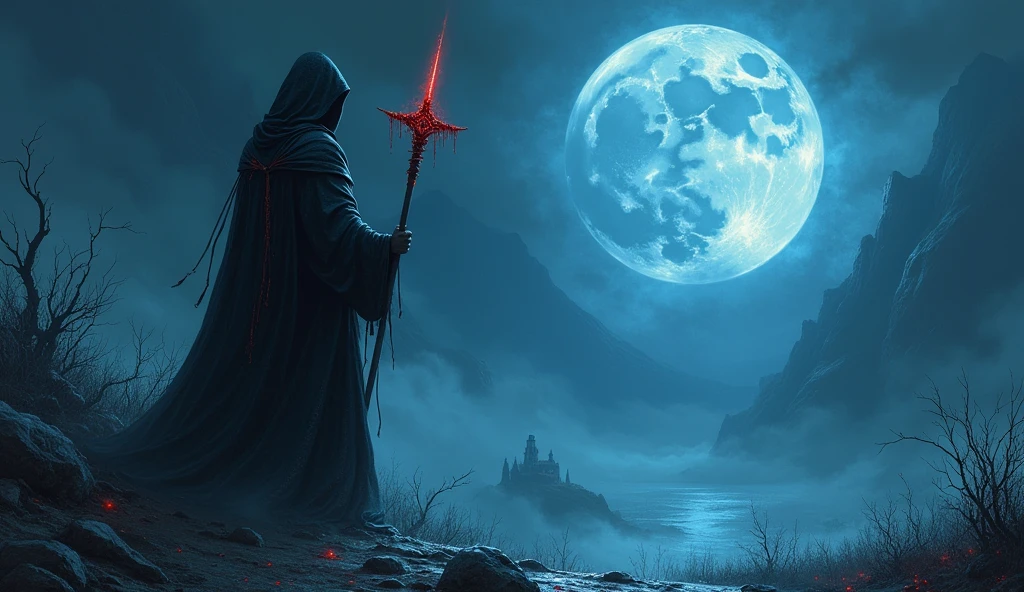 Reaper in,scyscraper,cross of dark lord, king of angmar, touch of death, Taoist robes,cultivating immortals,water ink,from the abys,self-assured,Fairy wind road bone,Blood flows in the background, big blue moon