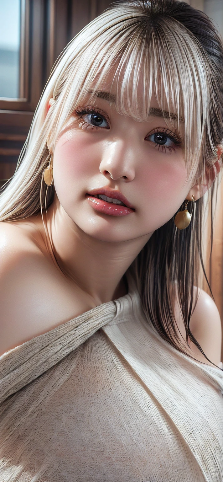 ((masterpiece:1.2、Highest quality、Tmasterpiece))、1 female、alone、Luxury hotel at night、Day、(Day本人アイドル:1.2)、(Are standing:1.4)、Platinum Blonde、(Hime Hair:1.4)、Wavy Hair、Medium Hair、Beautiful feet、break、,(Off-the-shoulder knit:1.5),((Fine knitting:1.4))、(Beautiful white skin:1.4)、(Big Breasts:1.5)、Hoop Earrings、lipstick、blush、(smile:1.2)、Covered breasts、(Thick lips:1.2)、Detailed body、Very detailed絵画, Luminism、4K resolution、3D Rendering、Exquisitely crafted , Cinematic、Realistic、Hit definition、Abstract Beauty、Approaching perfection, Pure Form, Golden Ratio、Very detailed, Digital photography, Soft natural light, 50mm lens, 1 1 1.8 Vacancies、blush、Small face、(Tight waist),(albino:1.3),(anorexia:1.3),(Sickly:1.2),(Face close-up:1.7)