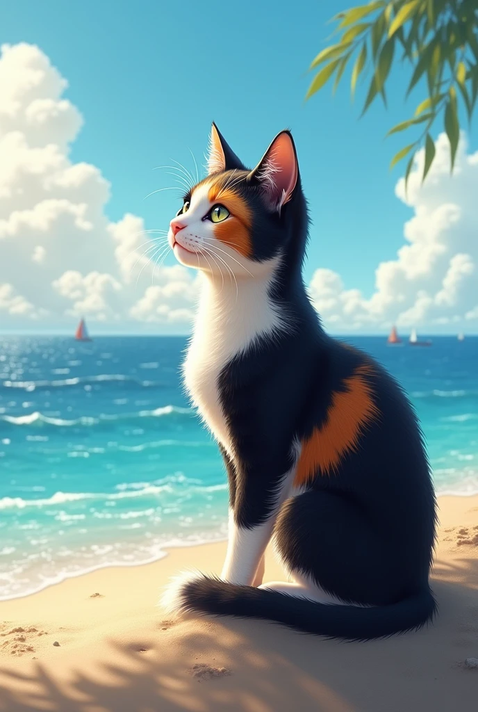 Tricolor cat, who sits on the seashore and looks into the distance.