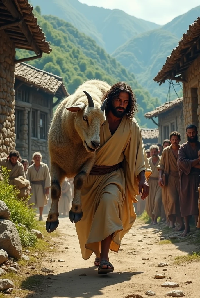 Real Jesus Christ struggling to carry a huge Giant Goat on his shoulder while climbing a dirt road in a mountainous village. The scene shows villagers watching him with curiosity and concern as he appears to be crying. The setting is a rustic village with traditional houses and green hills in the background."and he is crying. Water fals in his eays