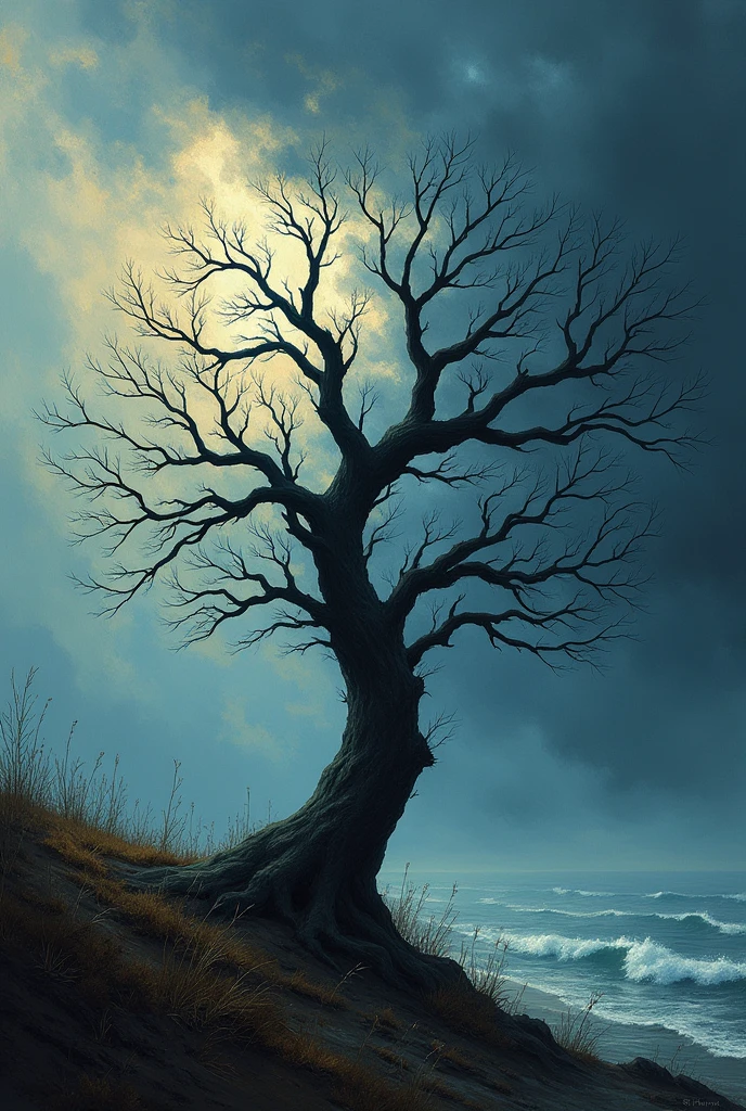 A tree with no leaves being blown on a stormy night with dark threatening clouds in the distance in the style of monet