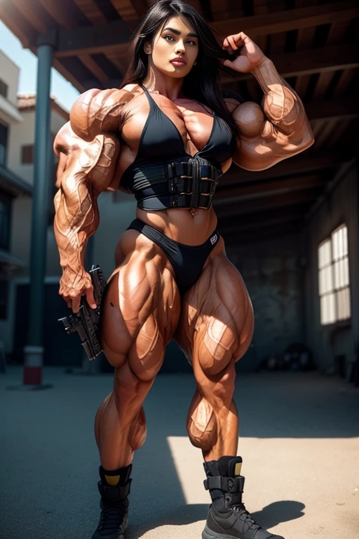 Photorealistic, high resolution, 1 Malay girl with braided hair, Solo, Hips up, public area background,view the viewer, (Detailed face), half naked, SWAT Boots, sniper rifle handle, body wat, bulletproof vest, Holding an assault rifle, M16, Inside the city of Sandakan, Very detailed, Perfect face, Black eye, jewelry, muscles shredded, veins everywhere, muscle girl anatomy, sternocledomastoid, trapezium, deltoid, biceps, triceps, latissimus doris, serratus anterior, chest veins, breasts veined, Nipples, external obligue, abdomen veins, pussy veins, gladius meximus, thigh, iliopsoas, gracilis, vastus lateralis, vastus medialis, rectus femoris, clave, ((Lifelike, masterpiece, Sharpen))