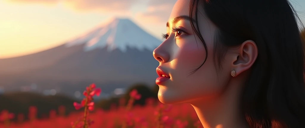 a beautiful woman gazing at mt.fuji,1girl,beautiful detailed eyes,beautiful detailed lips,extremely detailed face,long eyelashes,photorealistic,hyperrealistic,4k,8k,masterpiece,(best quality,ultra-detailed,professional,vivid colors,bokeh),realistic portrait,dramatic lighting,golden hour,warm color palette,cinematic composition
