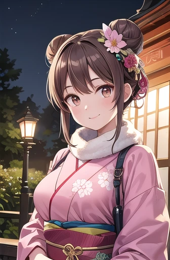 Photorealistic,Solo Girl,  20-year-old,Medium Hair, Brown Hair, Brown eyes, Hair Bun,Mid-chest, smile,Happy,Floral Hair Accessories,Pink kimono, Floral,White fur scarf,night,shrine,Highest quality,  High resolution,  Very detailed,  Detailed Background,  Perfect lighting,Large Breasts
