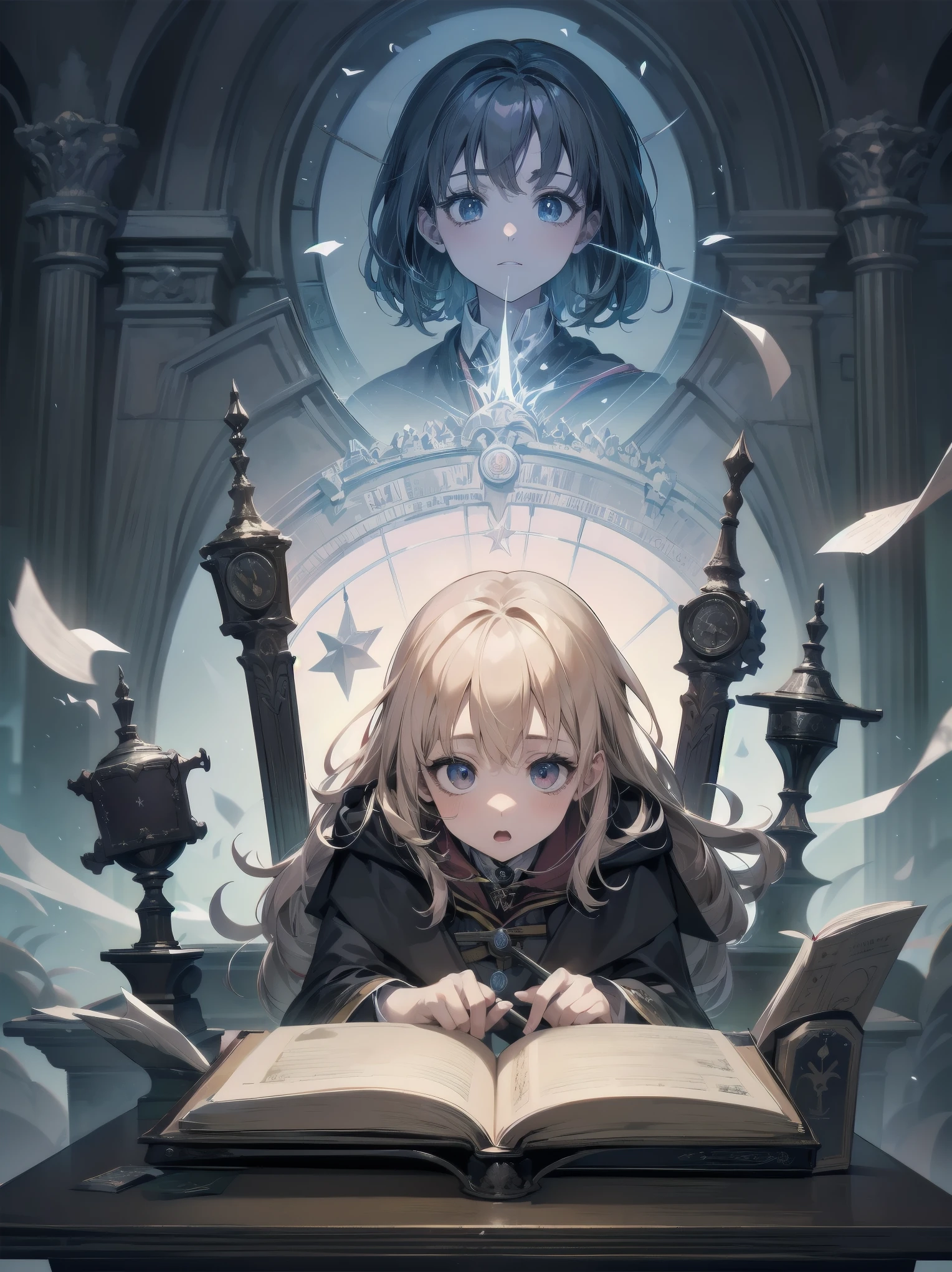 Masterpiece, Top Quality, Absurd, High Resolution, Subject Seismic, Animation Style Illustration with Mock Pause, 1 Girl, Solo, Cute random hairstyle, beautiful random expression and face, random age, slender, random clothing for situation,wizard robes, wand, magical castle, owl, spell book, (Hogwarts: 1.2), magic, wonder, (Harry Potter inspired: 1.3), mysterious atmosphere, details