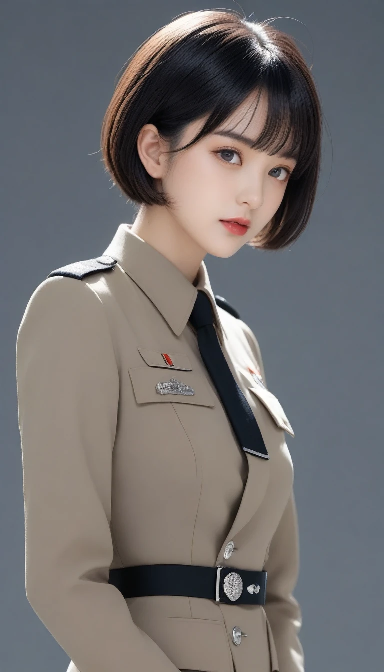 8k, ultra high resolution, best quality, masterpiece, 三分割法によるpicture,surreal, picture, 1 girl, (:1.3), Pretty Woman, Cute face, Beautiful Eyes in Every Detail, 細かくdetailedに,masterpiece,one girl:1.2,Japanese female officer,Senior Non-Commissioned Officer,whole body,black short hair,Bob with bangs, (Best suit:1.3),pencil skirt,Nazi SS uniform,Hugo Boss,sharp outline,looking down,gray background, Light from above, low contrast, (side view),perfect and beautiful face ,完璧でCute face, Skin that pays attention to detail, perfect limbs、small waist,Looking at the audience,(((ideal body type))), one cup :2,portrait:2,complete anatomy,鮮明なdetailed,detailed,surreal,light and shadow,glowing