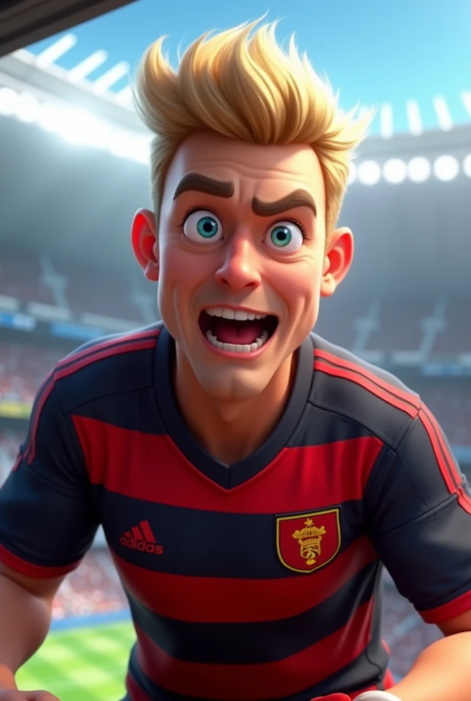 A game commentator with short blonde hair。
He has a soccer player-like top with red and black stripes, light blue eyes, and a loud voice.。