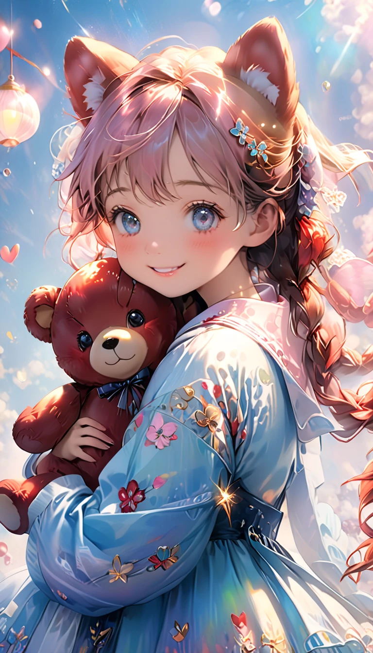 a cute girl,hugging a giant teddy bear,same size as her,big smile,happy expression,detailed cute face,long eyelashes,beautiful eyes,rosy cheeks,adorable,soft pastel colors,warm lighting,dreamy,magical,whimsical,award winning digital art,high quality,high resolution,8k,photorealistic,vibrant colors,intricate details