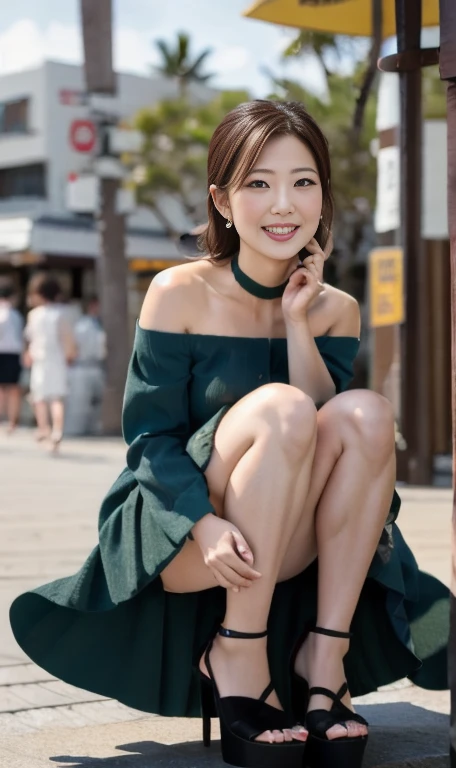 Nikon RAW Photos,8k,Fujifilm XT3,From below,High resolution,masterpiece,Highest quality,Realistic,photoRealistic,Super detailed,Highly detailed face,bookstore,Cinema Lighting,grill,1 Japan, Married Woman,4, alone,(whole body:0.9),(Medium chest:1.4),Earrings,(High heels:1.5),(Urzan-6500:0.6),(Pure Eros Face_v1:0.6),Ocean,(Beach:1.2),Dark green frilly dress,the wind is strong,(Wind power increase:1.2),A shy smile, windy, up skirt