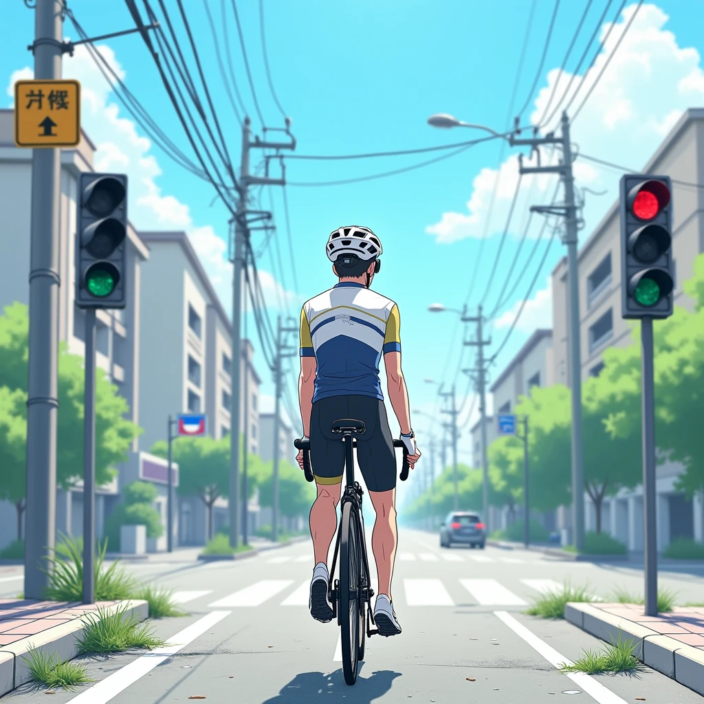 Rear view of a male road biker waiting at a traffic light。The player wears a helmet、Wearing sunglasses and a cycling jersey。On a bicycle、Holding the steering wheel and parking。The player's left foot is not binding.、The foot is lightly placed on the step on the left side of the road.。The right foot is still attached to the pedal.。The step is between the road and the sidewalk.、The athlete is in a position that makes it easier to start running again。
The player's posture is relaxed、Looking straight ahead, waiting for the traffic light to change。The body is slightly tilted forward、The right knee is slightly bent。The toes of the left foot placed on the step are slightly raised.、The bottom of the shoe is touching the step。Since it's a back view, you can't see the players' expressions.、I can feel the slight tension of waiting at the traffic light and the preparation for the restart.。
City roads can be seen in the background。There are a few weeds growing on the sidewalk、Road signs and street lights stand in the distance。There are white lines on the road、Located where the traffic lights are visible。The surroundings are bright and sunny、The sky is blue。overall、Please draw it so that it gives the impression of a typical road scene in a Japanese city.。