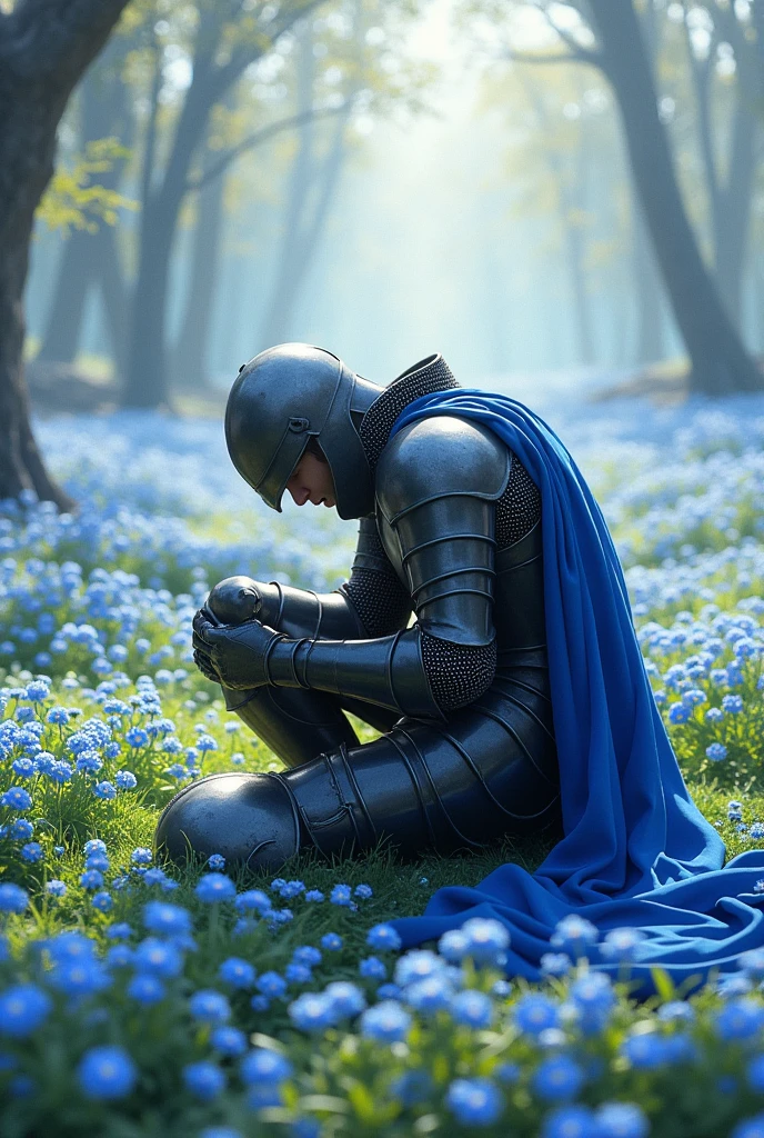 A knight among the forget-me-not flowers field. He is bending one of his knees. He is tired because of the battle but he is the winner and he feels pecafully. He has helmet and have bended his head