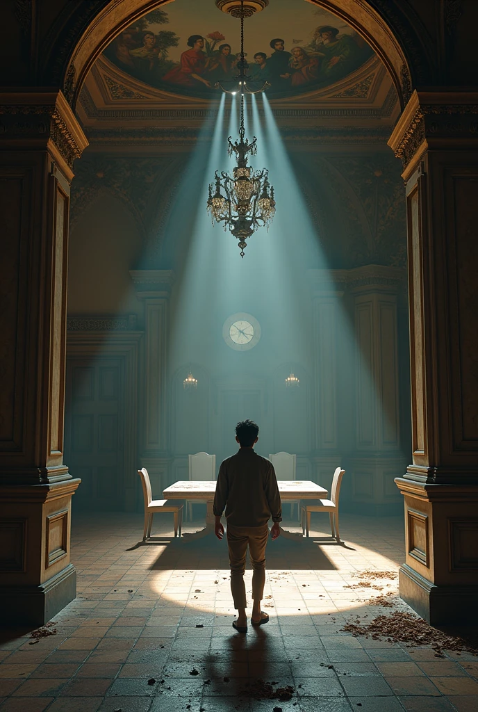 "A young man named Ravi enters the main hall of an old, grand mansion. The room is filled with ornate wooden carvings, antique decorations, and paintings on the walls depicting royal lifestyles from a bygone era. A large table stands in the center with several old chairs around it, all covered with a thin layer of dust, suggesting no one has entered for a long time. A cold, eerie feeling hangs in the air, as if the mansion holds a deep, dark secret within its walls. In one corner, an old clock t