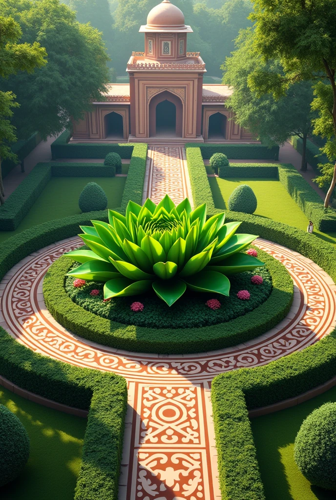 The Royal Garden:

Prompt: "Draw a lush Mughal garden with intricate designs, featuring a large, healthy plant in the center. The garden is surrounded by ornate pathways and greenery, capturing a serene and well-maintained environment."
