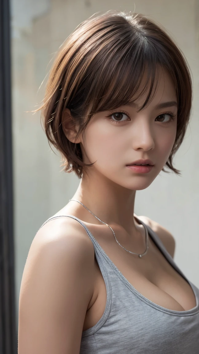 masterpiece, Highest quality, Very detailed, 8k, Realistic, One Girl, alone, Tomboy, Very detailed face, (head shot:1.5), Upper Body, silver pixie cut hair, She is wearing a short tank top and an open zippered hoodie., I can see her cleavage,Emphasise that you're not wearing a bra、Reaching into the pocket of a hoodie