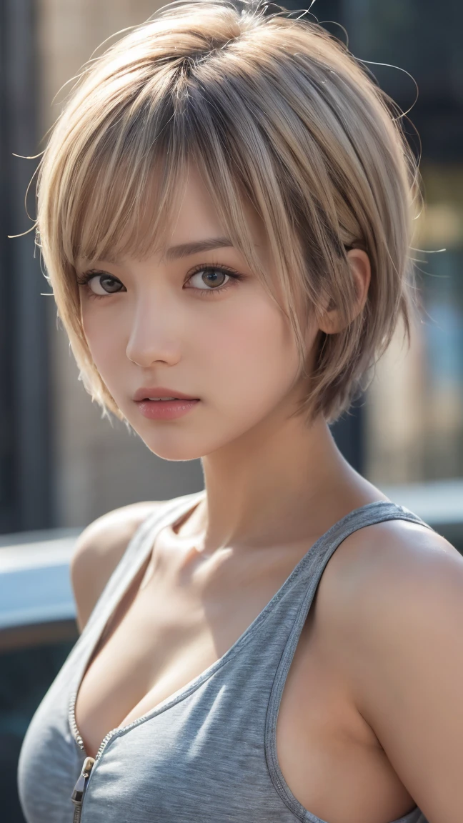 masterpiece, Highest quality, Very detailed, 8k, Realistic, One Girl, alone, Tomboy, Very detailed face, (head shot:1.5), Upper Body, silver pixie cut hair, She is wearing a short tank top and an open zippered hoodie., I can see her cleavage,Emphasise that you're not wearing a bra、Reaching into the pocket of a hoodie