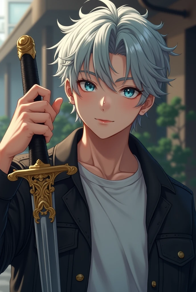 Short_silver_hair, hair_back_side, small_bangs_on the sides, 1young adult_man, really_sky blue_eyes, beautiful_and_detailed_eyes, nice_smile, black_jacket_with_T-shirt, holding_a_sword_with_gold_handle, detailed_hands, better_quality, HD_quality